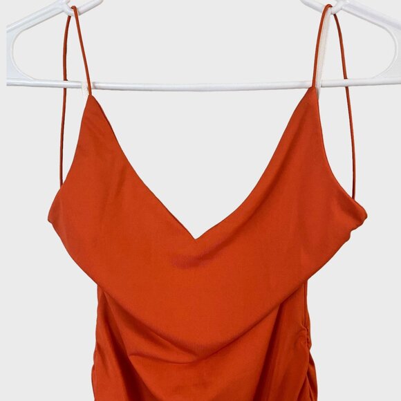 Princess Polly Ruched Bodycon Low-Back V-Neck Mini Dress Women's Size 2 Orange - Picture 6 of 12